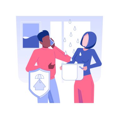 Evde izole edilmiş konsept vektör çizimi. Genç çift, yeni evin çatısının sızdırılmasından endişe ediyor. İnsanlar teftiş hizmeti, ev garantisi vektör konsepti istiyor..