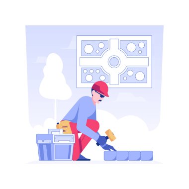 İzole edilmiş konsept vektör çizimi. Müteahhit bahçe kaldırımları, peyzaj düzenlemesi, arazi iyileştirmesi, patika döşeme, tuğla ustaları iş vektörü kavramı ile ilgileniyor..