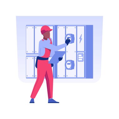 Elektrik denetimi konsept vektör çizimini izole etti. Bina müfettişi elektrik sistemlerini ve bileşenleri kontrol ediyor, profesyonel ticari inşaat kontrol vektörü kavramı.