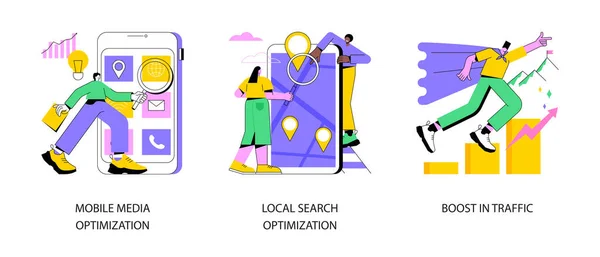 Иллюстрация Вектора Стратегии Seo Оптимизация Мобильных Медиа Локальный Поиск Увеличение — стоковый вектор