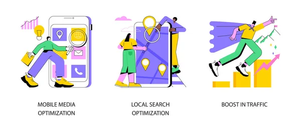 Seo 추상적 일러스트 모바일 미디어 최적화 교통량 엔진타겟팅 비즈니스 디지털 — 스톡 벡터