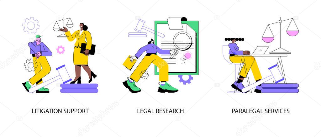 Law firm abstract concept vector illustration set. Litigation support, legal research, paralegal services, forensic accounting, consulting, data collection, attorney legal work abstract metaphor.