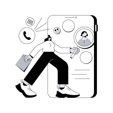 Sosyal ağ gözlemleme soyut konsept vektör çizimi. Sosyal medya ölçümü, sosyal dinleme, sayfa sıralaması, web bahsi, rapor analizi, marka itibarı, anonim metaforu.