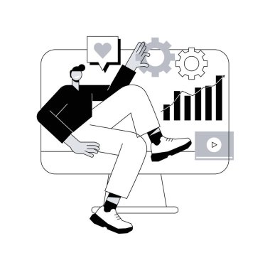 Dijital pazarlama stratejisi soyut konsept vektör çizimi. Marka anlayışı, sosyal medya içeriği kampanyası, ölçüm araçları, şirket hedeflerine ulaşmak, çevrimiçi pazarlama kanalları soyut metafor.