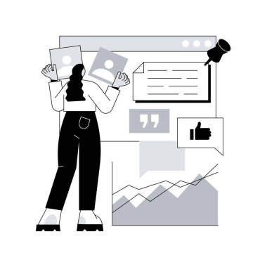 Sosyal medya yönetimi soyut konsept vektör çizimi. SMM stratejisi, dijital pazarlama aracı, sosyal medya platformlarında online varlık, kullanıcı bağlılığı ve soyut etkileşim metaforu.