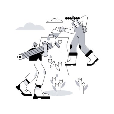 Bahçe atölyesi soyut konsept vektör çizimi. Bahçıvanlık eğitimi programları, organik uzmanlar, peyzaj tasarımı, garaj, çiçekçi işyeri, yaratıcı laboratuvar, iç dekorasyon soyut metaforu..