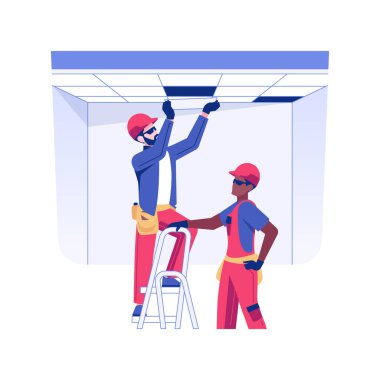 Sahte tavan kurulumu izole edilmiş konsept vektör çizimi. İnşaatçılar sahte bir tavan, ticari inşaat süreci, iç işler, montaj vektör konsepti panelleri kurar.