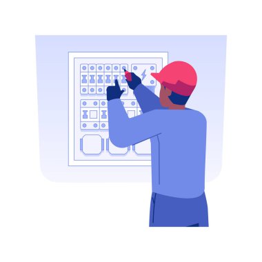 İzole edilmiş konsept vektör illüstrasyonu. Mühendis elektrik donanımı kuruyor, kabloları tamir ediyor, ticari inşaat, iç çalışma vektörü konsepti.