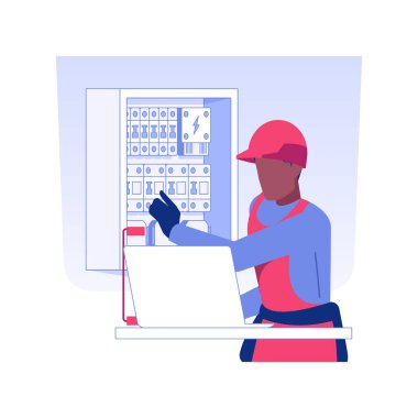 İzole edilmiş konsept vektör illüstrasyonunun test edilmesi. Dizüstü bilgisayarı olan mühendis PAT testi, voltaj, endüstriyel elektrikçi, enerji bakımı vektör konsepti ile iç çalışmalar yapıyor..