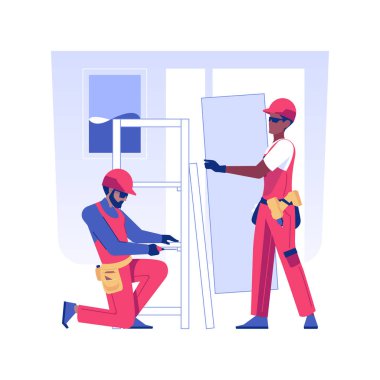 Mobilya montajı izole edilmiş konsept vektör illüstrasyonu. Yeni dairede mobilya montajı yapan bir tornavidayla bir grup tamirci, özel ev özel içişleri vektör konsepti.