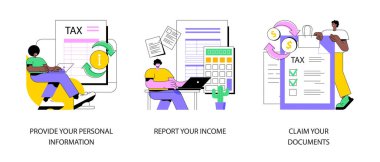 Vergi dosyalama soyut konsept vektör illüstrasyon seti. Kişisel bilgilerinizi sağlayın ve güncelleyin, gelirinizi bildirin, belgelerinizi, vergi kredilerinizi ve giderlerinizi bildirin, mali raporlar soyut metafor.