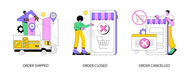 Düzen durumu soyut konsept vektör çizimi seti. Sipariş gönderildi, kapatıldı veya iptal edildi, e-ticaret çevrimiçi mağaza, ekspres sevkiyat, müşteri hesabı sevkiyat detayları, soyut metafor bildirimi.