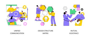İş desteği soyut konsept vektör çizimi seti. Birleşmiş iletişim, tasarım yapı matrisi, karşılıklı yardım, proje yönetimi, takım çalışması, soyut metafor.
