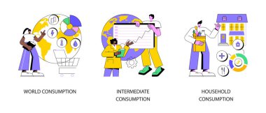 Dünya ekonomisi soyut konsept vektör çizimi seti. Dünya tüketimi, ara ve ev tüketimi, mal ve hizmetler, küresel istatistik ajansı, ulusal hesaplar soyut metafor.