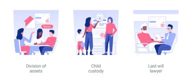 Lawyer services isolated concept vector illustration set. Division of assets and property, child custody, last will lawyer, divorce and family law, legal service, alimony conditions vector cartoon.
