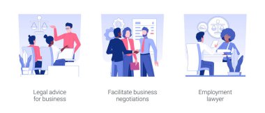 Commercial law isolated concept vector illustration set. Legal advice for business, facilitate business negotiations, employment lawyer service, banking and finance company vector cartoon.