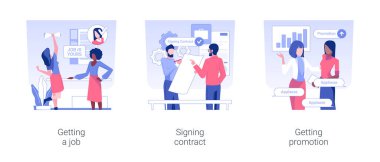 Career growth isolated concept vector illustration set. Getting a job, employee signing new job contract, getting promotion, headhunting agency, pursue career, staffing plan vector cartoon.