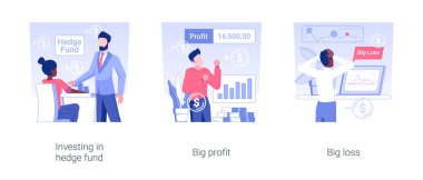 Hedge funding isolated concept vector illustration set. Investing in hedge fund, big profits and losses, business risk, money investment, financial crisis, mutual fund vector cartoon.