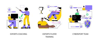 Video oyunları soyut konsept vektör çizimi seti. Esports koçluğu, oyuncu eğitimi, siber spor takımı, bilgisayar kulübü, savaş alanı, e-oyun turnuvası, siber spor iddiaları soyut metaforu.
