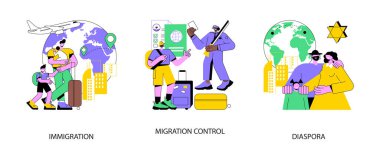Oturma izni soyut konsept vektör çizimi seti. Göçmenlik belgeleri, göç kontrolü, diaspora, yeşil kart, başvuru formu, parmak izi kontrolü, dini cemaat soyut metafor.