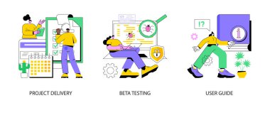 Müşteri deneyimi soyut konsept vektör çizimi. Proje dağıtımı, beta testi, kullanıcı rehberi, yazılım geliştirme, yeni ürün başlatma, teknik rehber, soyut benzetme yardım masası.