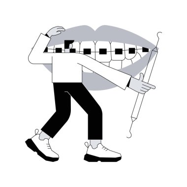 Diş telleri soyut konsept vektör illüstrasyonu. Diş tedavisi, diş teli düzeltme yöntemi, kalabalık diş tedavisi, ortodontik sorun, diş hizalama aleti ve diş teli, parantez soyut metafor.