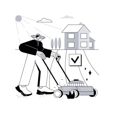 Çim biçme hizmeti soyut konsept vektör çizimi. Çim biçme ve temizleme, havacılık ve gübreleme, çim biçme, bahçıvanlık hizmetleri, karahindiba temizleme, soyut metafor üfleme.