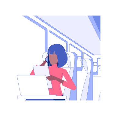 Working on the train isolated concept vector illustration. Busy man talking on the smartphone in high-speed train, business class travel, wifi connection in transport vector concept.