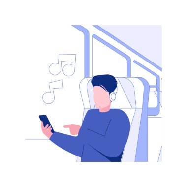 Comfortable train seats isolated concept vector illustration. Businessman listening to music using headphones in high-speed train, first class travel, relaxing time vector concept.