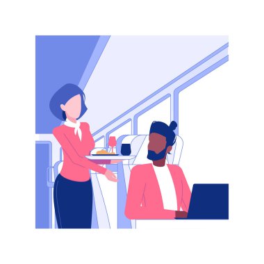 Food and beverage train service isolated concept vector illustration. Train worker offers food and drinks to passengers, business class travel, luxury service for people vector concept.