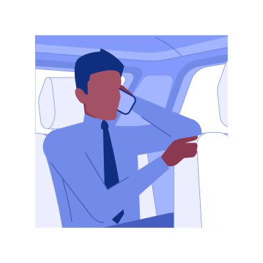 Working on the way isolated concept vector illustration. Businessman works when driving with a personal driver, business class travel, do job in car, busy people lifestyle vector concept.