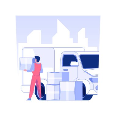 Truck loading isolated concept vector illustration. Full service movers unloading belongings from truck, real estate business, packages transportation, courier services vector concept.