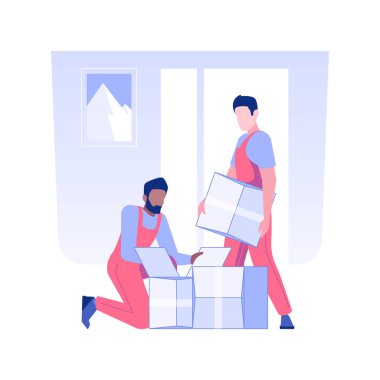 Unpacking belongings isolated concept vector illustration. Full service movers provide unpacking of boxes together, real estate business, couriers delivery services vector concept.