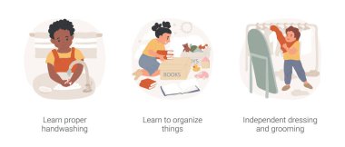 Self-care and personal hygiene skills for kids isolated cartoon vector illustration set. Learn proper handwashing, learn to organize things, independent dressing and grooming vector cartoon.