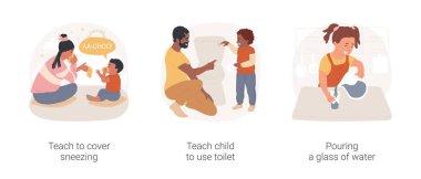 Self-care skills development in home-based daycare isolated cartoon vector illustration set. Teach to cover sneezing and to use toilet, pouring a glass of water, personal hygiene vector cartoon.
