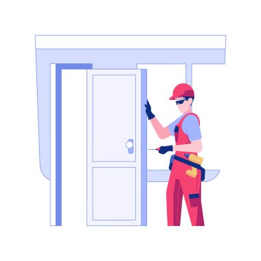 Doors installation isolated concept vector illustration. Contractor installing a door, private house building, residential construction service, interior works, decorative trim vector concept.