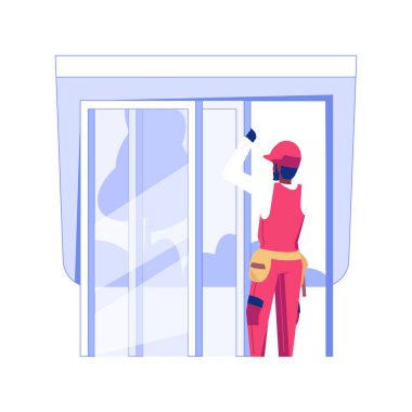 Sliding doors installation isolated concept vector illustration. Repairman installing a sliding door in new apartments, house building, residential construction, interior works vector concept.