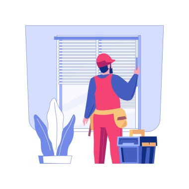 Hanging blinds isolated concept vector illustration. Repairman setting a hanging blinds on window in a bedroom, private house building, professional handyman, interior works vector concept.