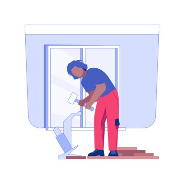 Laying hardwood floors isolated concept vector illustration. Professional builder laying a parquet using nailer, residential construction, interior works, floor installation vector concept.
