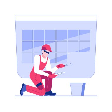 Laying tiles isolated concept vector illustration. Builder in uniform laying tile floor, residential construction, professional repairman at job, porcelain and ceramic surface vector concept.