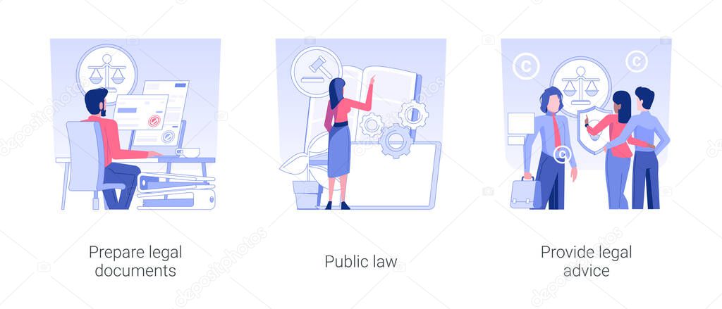 Law firm service isolated concept vector illustration set. Prepare legal documents, public law, provide legal advice, contract and patent application, rights protection vector cartoon.