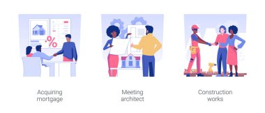 New property building isolated concept vector illustration set. Acquiring mortgage, meeting architect property project and bluepront, construction works, real estate busines vector cartoon.