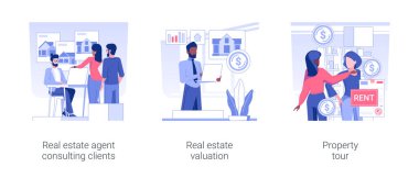 Commercial real estate firm isolated concept vector illustration set. Real estate agent consulting clients, property valuation, rental office tour, contracting broker, b2b sales vector cartoon.