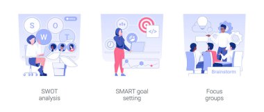 Business analysis instruments isolated concept vector illustration set. SWOT analysis, SMART goal setting, focus groups, IT company team, project management, brainstorming vector cartoon.