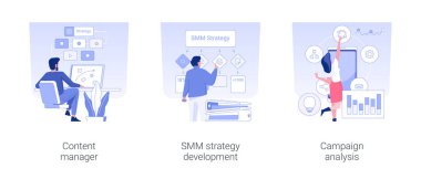 Social media marketing isolated concept vector illustration set. Content manager, SMM strategy development, campaign analysis, digital marketing strategy, internet advertising vector cartoon.