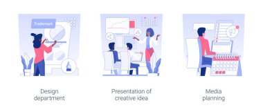 Advertising agency services isolated concept vector illustration set. Design department, presentation of creative idea, media planning, creating logo, promotional media calendar vector cartoon.