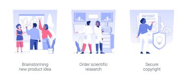 Launching new product isolated concept vector illustration set. Brainstorming new product idea, order scientific research, clinical expertise, secure copyright, patent application vector cartoon.