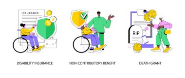Devlet harçlığı soyut konsept vektör çizimi seti. Engelli sigortası, katkı payı olmayan yardım, ölüm yardımı, engelli kişi, ev hemşiresi, araba kazası, acil durum ödemesi soyut metafor.