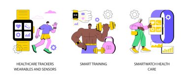 Soyut konsept vektör örnekleme seti etkinlik takibi. Sağlık takip cihazları yıpranabilir ve sensörler, akıllı eğitim, akıllı sağlık hizmetleri, fitness koçluğu uygulaması, yağ kaybı soyut metaforu.