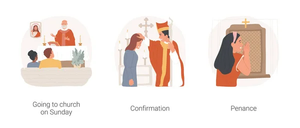 Christian Rituals Isolated Cartoon Vector Illustration Set Catholic Couple Attending — Stockový vektor